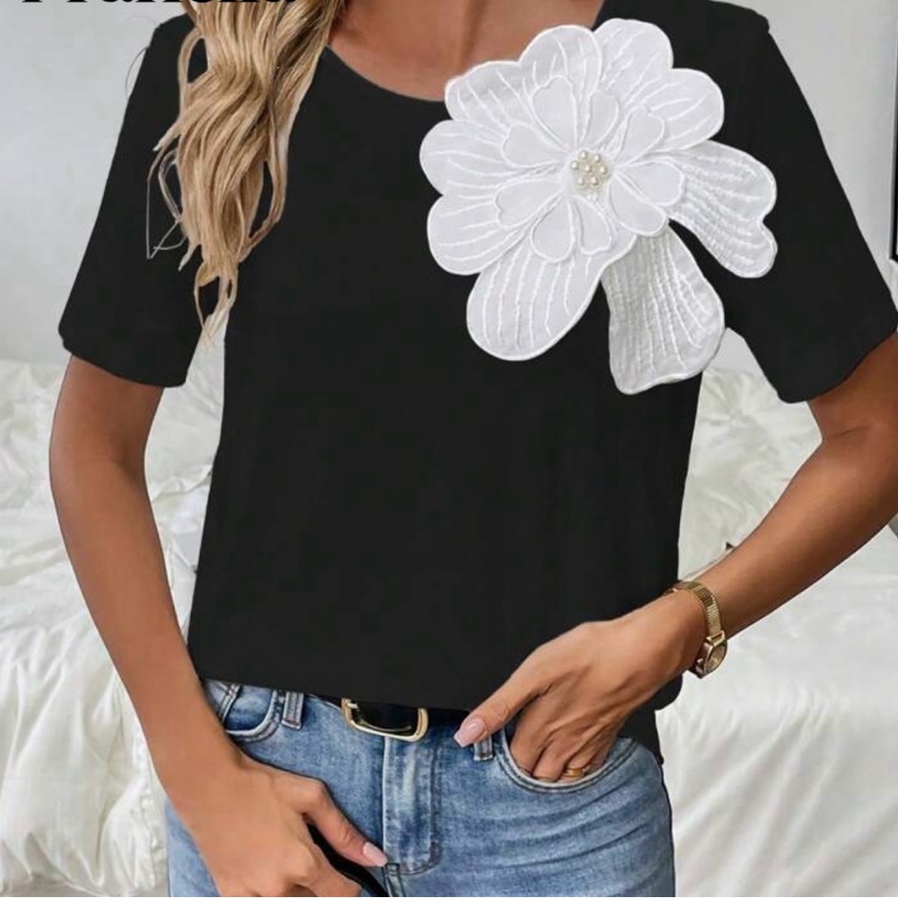 SHEIN Black Tee with White Floral Detail